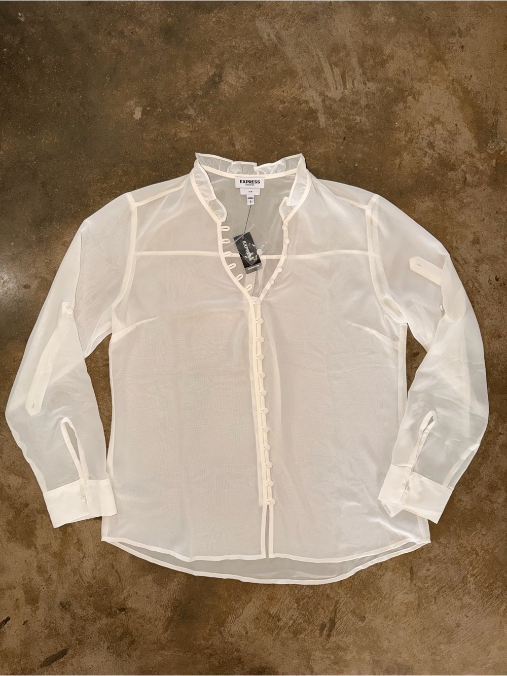 NWT Express Portofino Slim Sheer Ruffle Button Front Blouse L Office Feminine